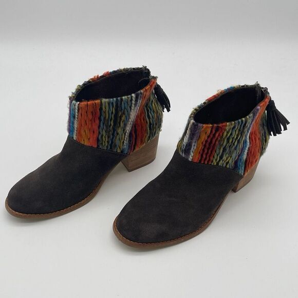 TOMS Ankle Boots Women's 6 Chocolate Brown Leila Suede Shoes Striped Tassel EUC - Picture 3 of 16